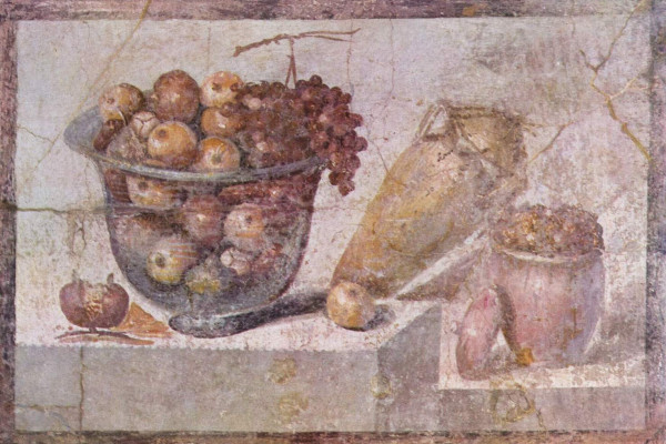 Roman painting. Second Pompeian Style, from the House of Julia Felix in Pompeii. Depicts a bowl of fruit and vases.