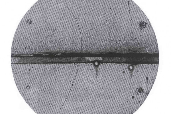 Cloud chamber photograph of the first positron ever observed.