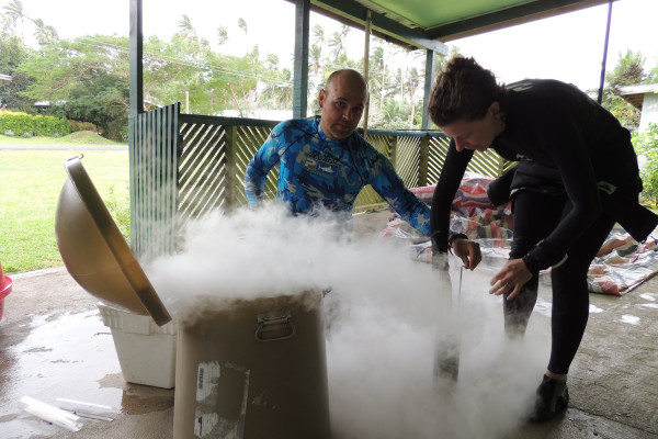 Josh Drew and Helen Scales preserving seagrass samples in liquid nitrogen in Fiji.