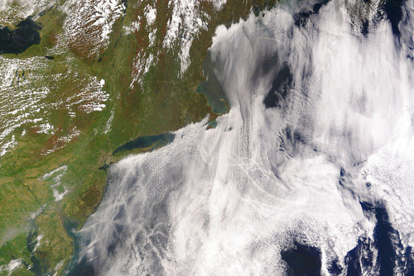 Satellite image of ship tracks, clouds created by the exhaust of ship smokestacks.