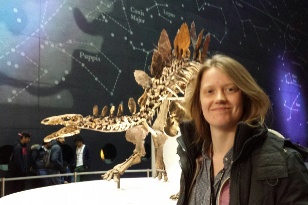 Sophie the Stegosaurus and Natural History Museum dinosaur researcher Charlotte Brassey