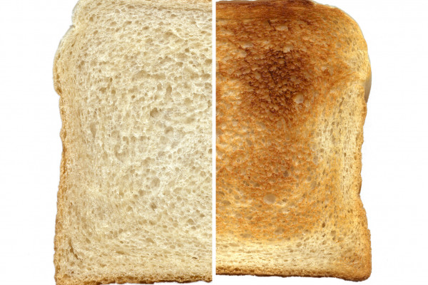 The same slice of bread, pre-toasting, and post-toasting.