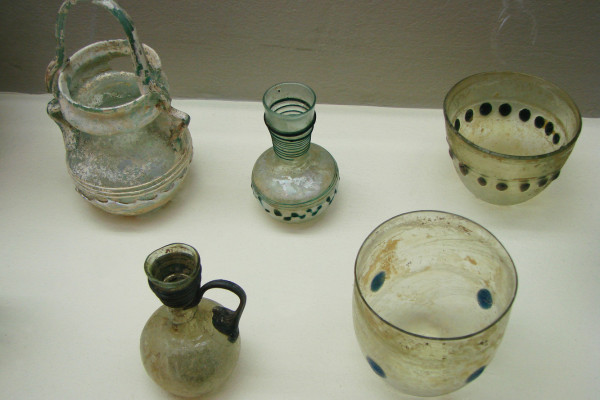 Selection of 4th century Gallo-Roman glass, from the Museum Saint-Remi à Reims, Marne, France.