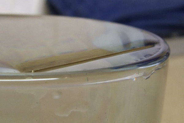 The needle is held up by surface tension