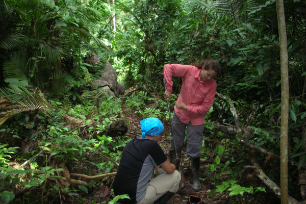 Crystal McMichael and Monica Zimmerman augur for soil cores in the Amazon.