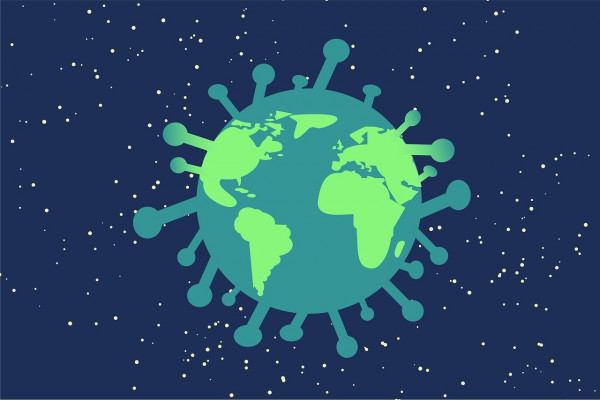 A cartoon of the Earth as a coronavirus particle.