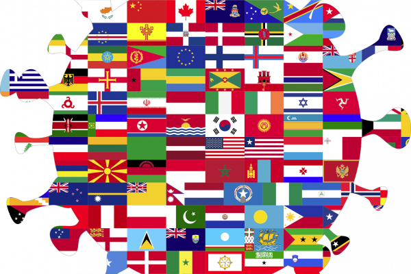 Coronavirus particle drawn using flags from around the world
