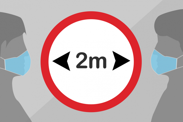 Sign indicating people should keep 2 metres apart.