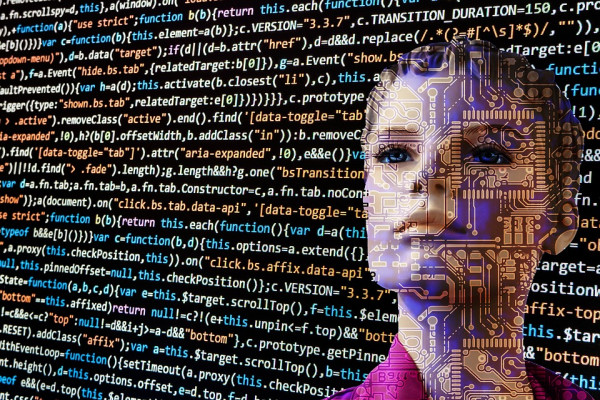 A robotic-looking woman's face behind a wall of computer code.