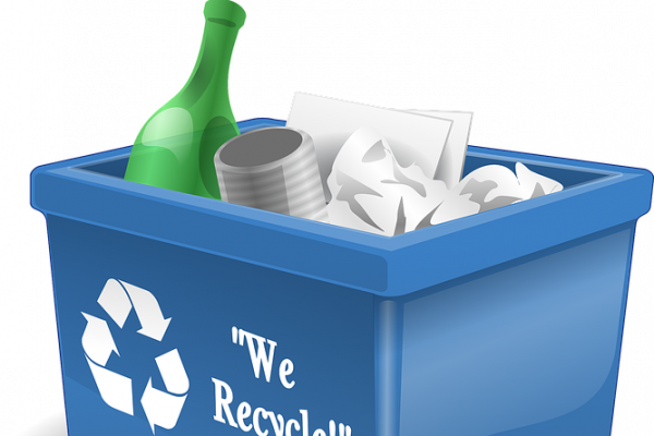 A cartoon of a recycling bin.