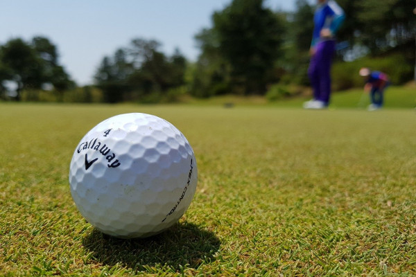 A golf ball on a green.