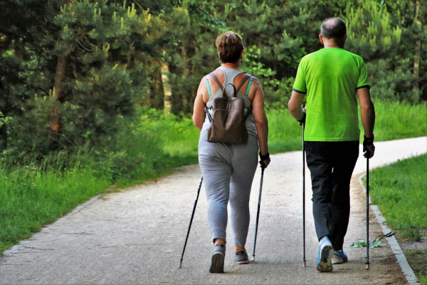 Two people walking with hiking poles