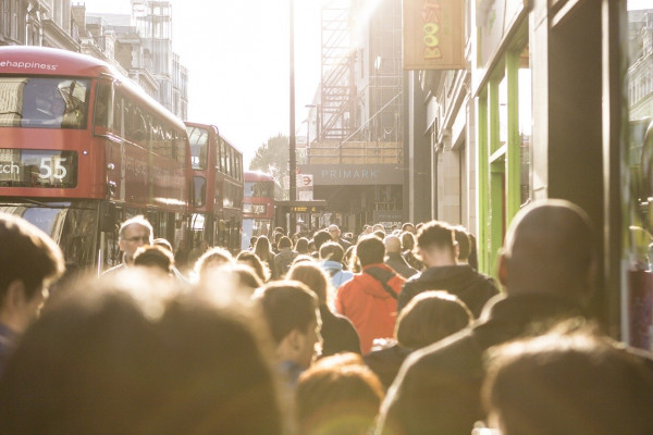 A crowd on a busy London street.