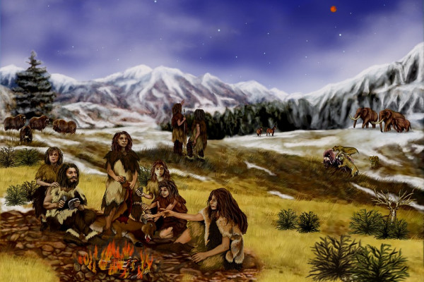Snowy landscape with a group of early humans.