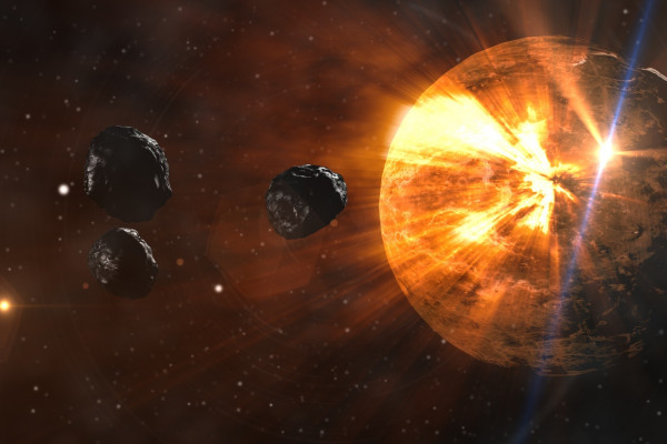 Illustration of asteroids travelling towards Earth