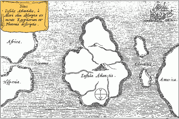 Athanasius Kircher's map of Atlantis, placing it in the middle of the Atlantic Ocean, from Mundus Subterraneus 1669, published in Amsterdam. The map is oriented with south at the top.