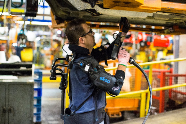 Called EksoVest, the wearable technology elevates and supports a worker’s arms while performing overhead tasks.