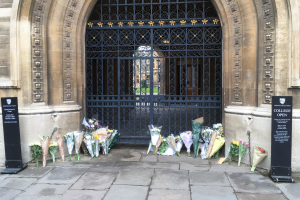 Flowers laid in memory of Stephen Hawking at Gonville and Caius College, Cambridge