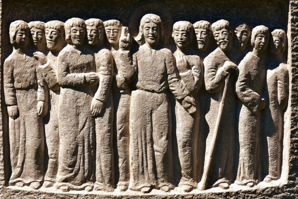 Stone carving depicting Jesus and the 12 apostles