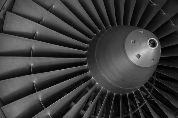 The fan on the front of a large jet engine