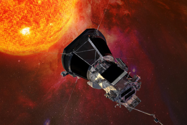 Artist’s concept of the Parker Solar Probe spacecraft approaching the sun. At closest approach, Parker Solar Probe will be hurtling around the sun at approximately 430,000 miles per hour!