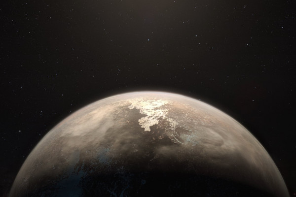 This artist’s impression shows the temperate planet Ross 128 b, with its red dwarf parent star in the background. This planet, which lies only 11 light-years from Earth, was found by a team using ESO’s unique planet-hunting HARPS instrument.