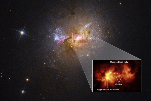 Image of galaxy Henize 2-10 with cut out of black hole forming stars