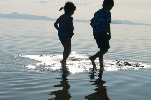 this is a picture of children walking through wet sand