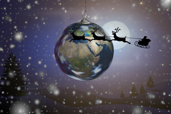 Santa's reindeer flying around the globe