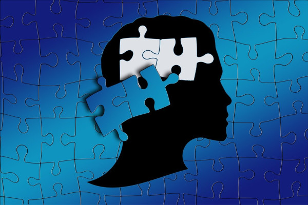 Puzzle pieces inside a cartoon head