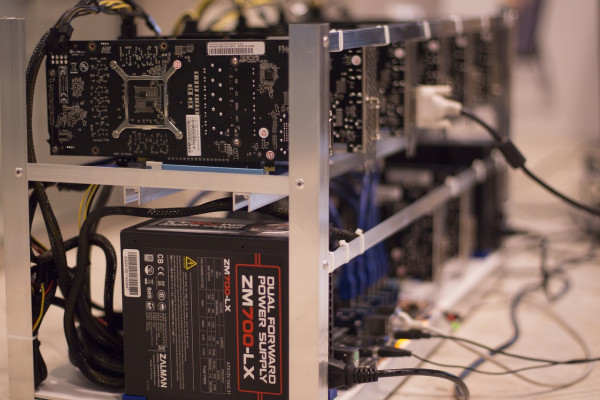 A bank of computer chips set up to mine cryptocurrencies.