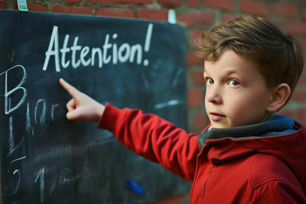 A boy points at a blackboard