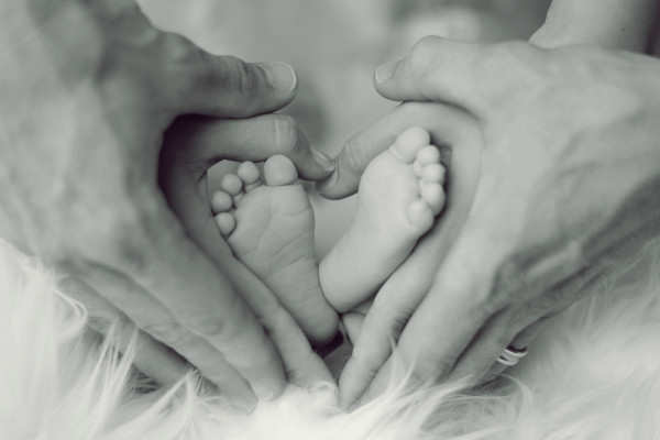baby's feet, wrapped in parents' hands