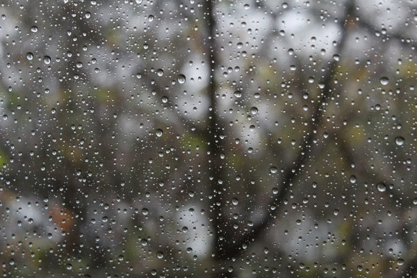 This is a picture of the view through a window on a rainy day