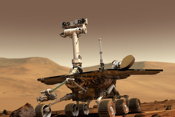 The picture shows an illustration of a rover on Mars.