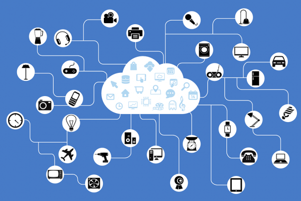 An infographic showing different smart devices, all connected to a cloud