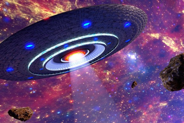 Artists impression of an alien spacecraft resembling a flying saucer in space
