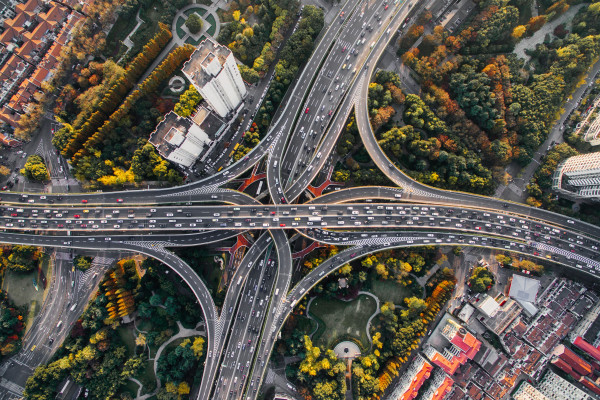 A birds eye view of a busy highway