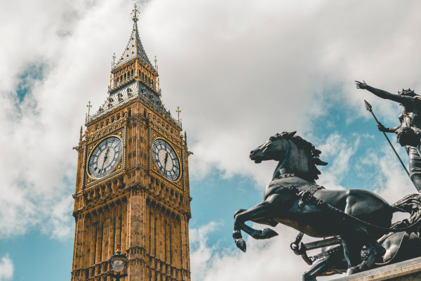 A view of Big Ben and the top of Elizabeth Tower, with Boadicea in the foreground.