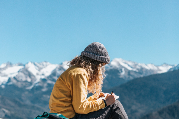 A backpacker in the mountains