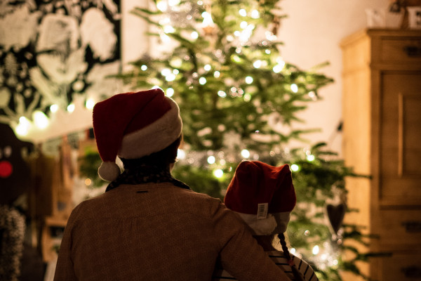 Father and son with Christmas Tree