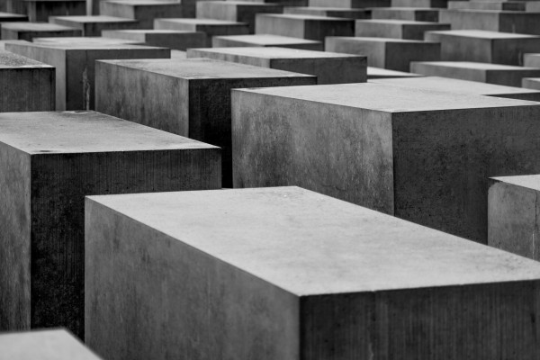 A grayscale photo of the Holocaust Memorial in Berlin