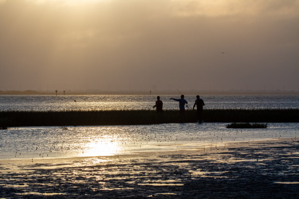 Fishermen on the horizon on the seashore