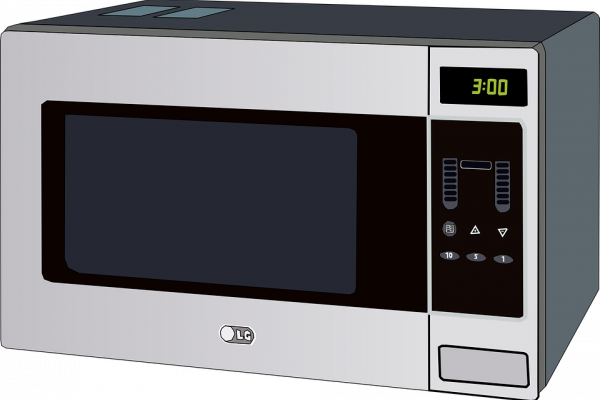A silver digital microwave