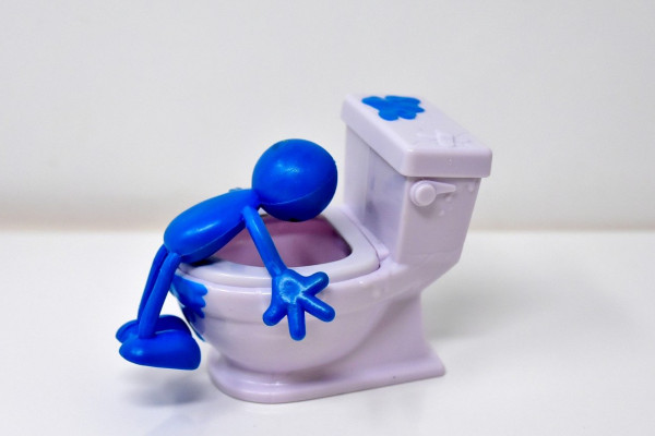 A plastic model man hugging the toilet
