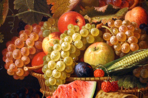 A still life oil painting of a basket overflowing with fruit.