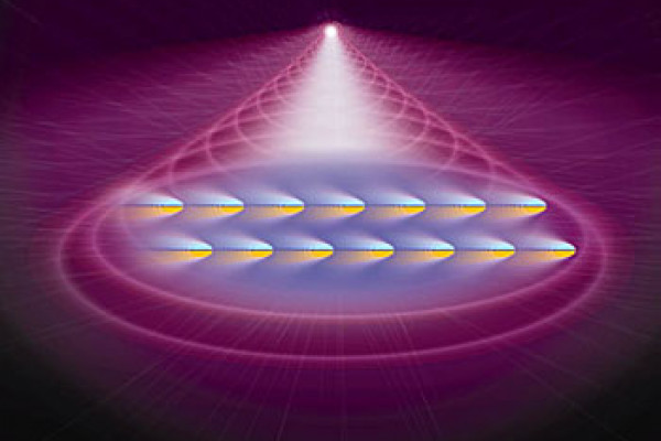 This artist’s conception shows atoms in a Bose-Einstein Condensate (BEC) being pushed by laser light. 
