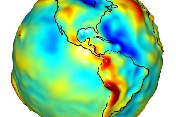 Data from NASA's Gravity Recovery and Climate Experiment (GRACE) and shows variations in the gravity field across the Americas.