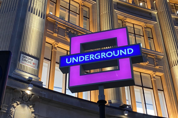 London Underground sign in the shape of a square. 