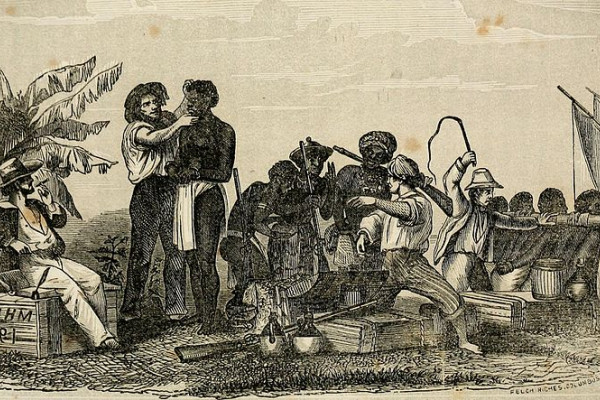 Illustration of slaves being inspected and loaded onto a ship.